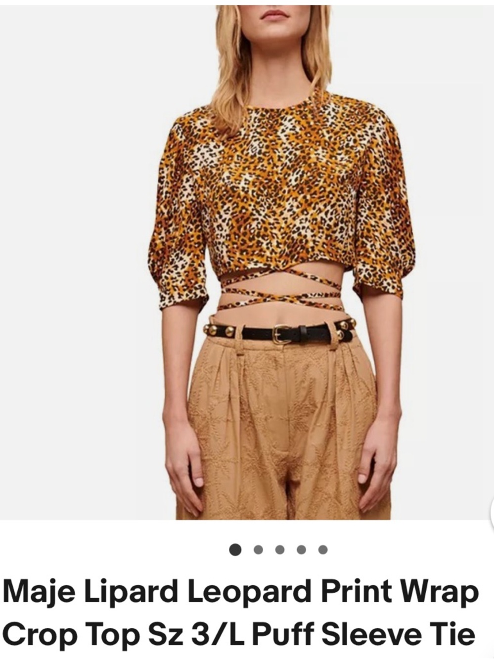 Maje Leopard-Print Tie Waist Crop Top - Gold, Black, White. Size 3. NWOT